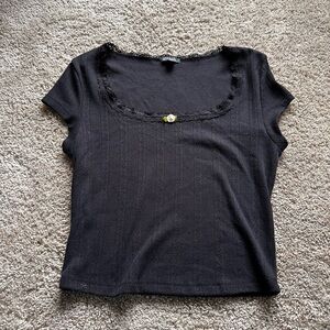 Wild Fable Black Short Sleeve Top with Floral Accent